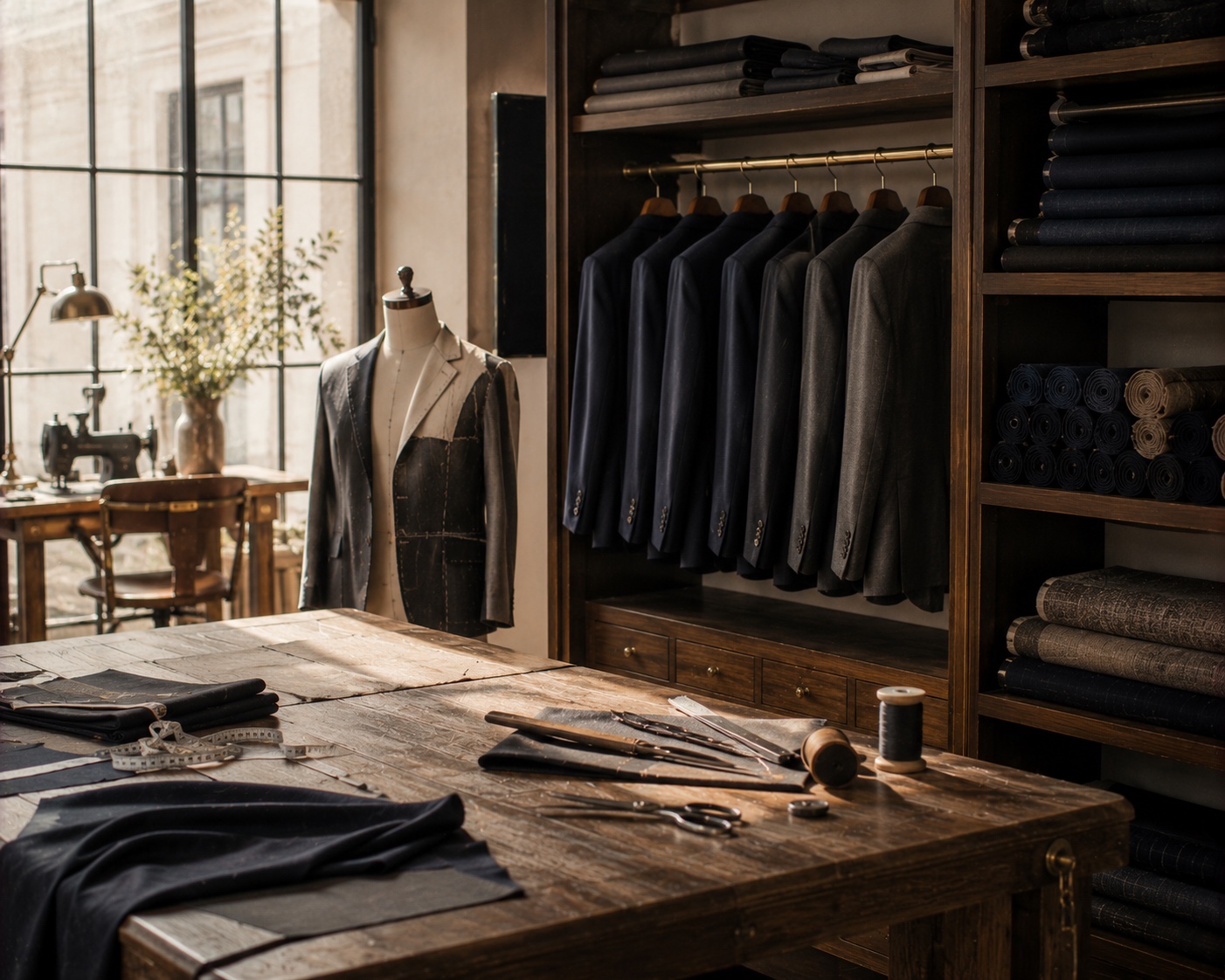 Editorial atelier scene showcasing Italian tailoring craftsmanship