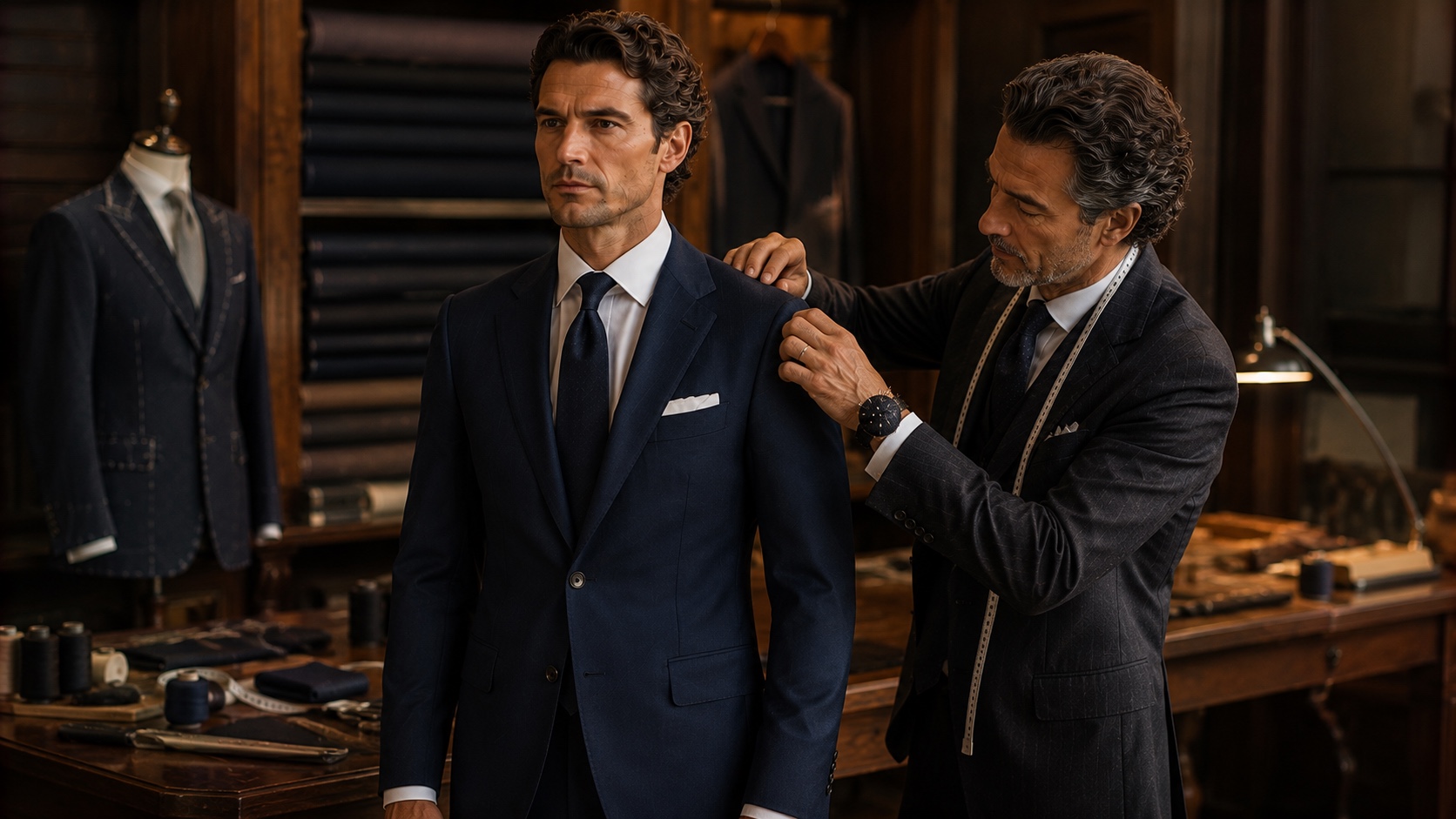 A client being fitted for a made-to-measure suit in a luxury tailoring atelier