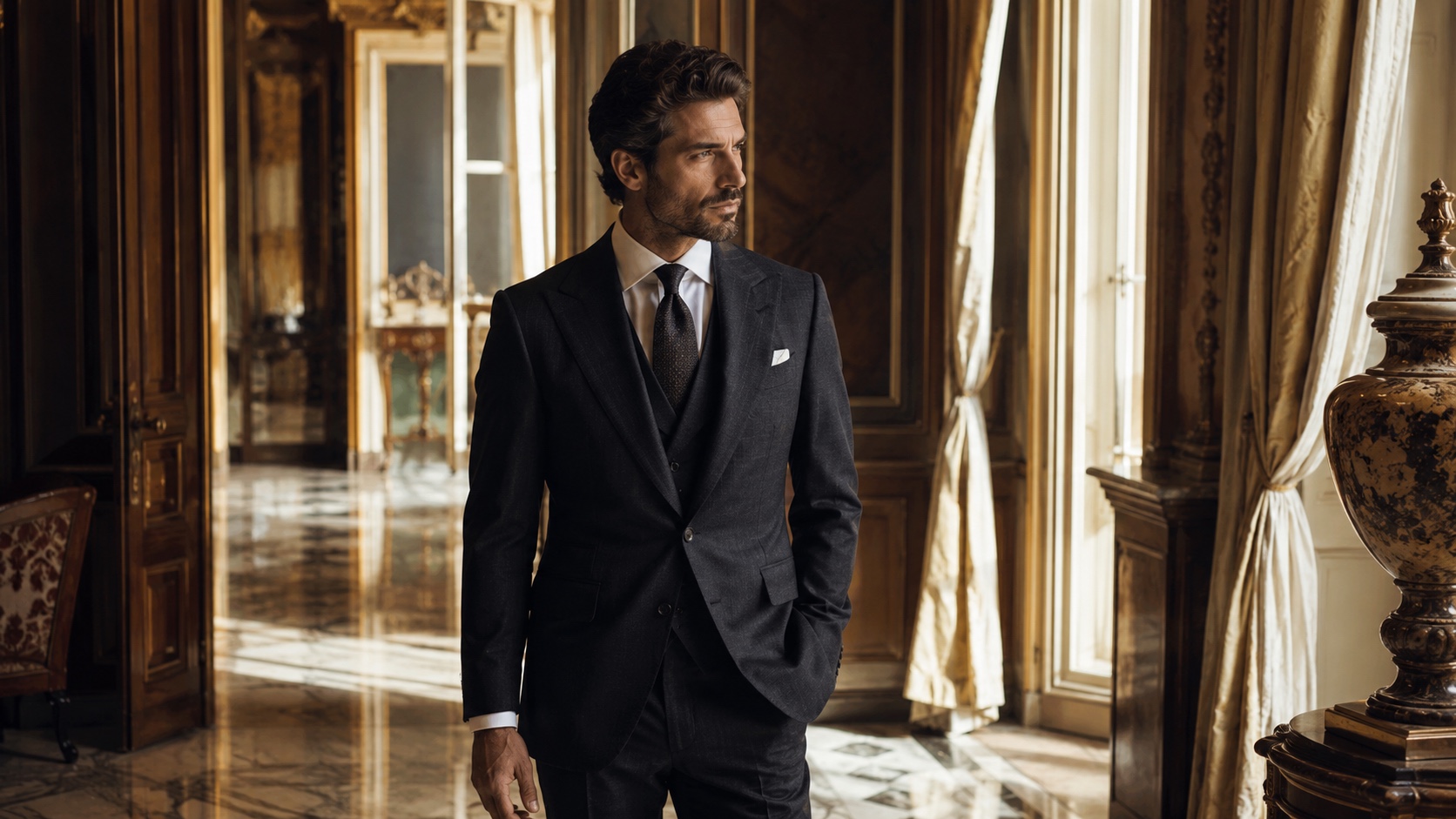 A man in a navy Italian made-to-measure suit, natural light