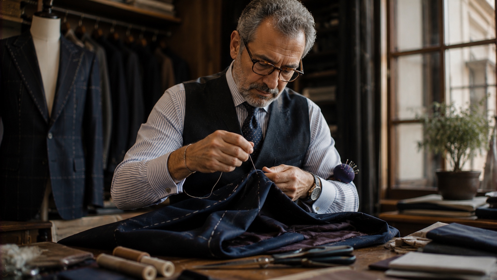 A master tailor crafting a suit in Italy