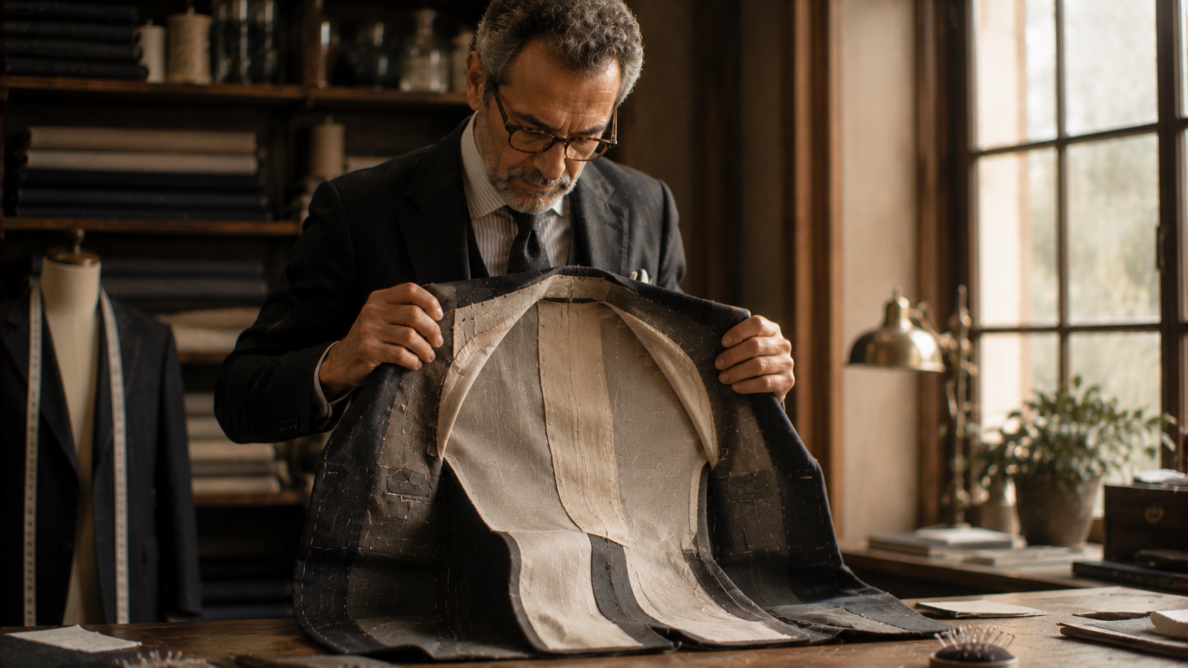 Tailor showing canvas construction inside a bespoke jacket