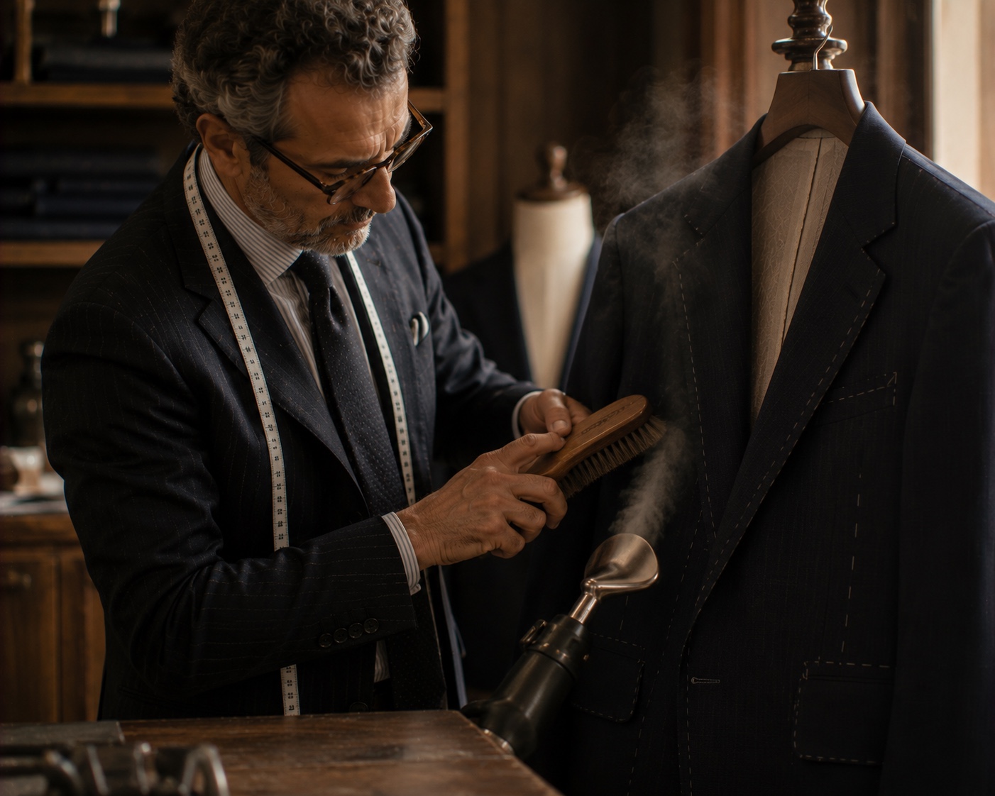 Italian tailor caring for a navy made-to-measure suit