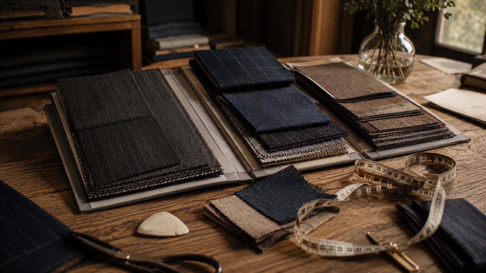 Luxury Italian wool cloth books on a tailoring table