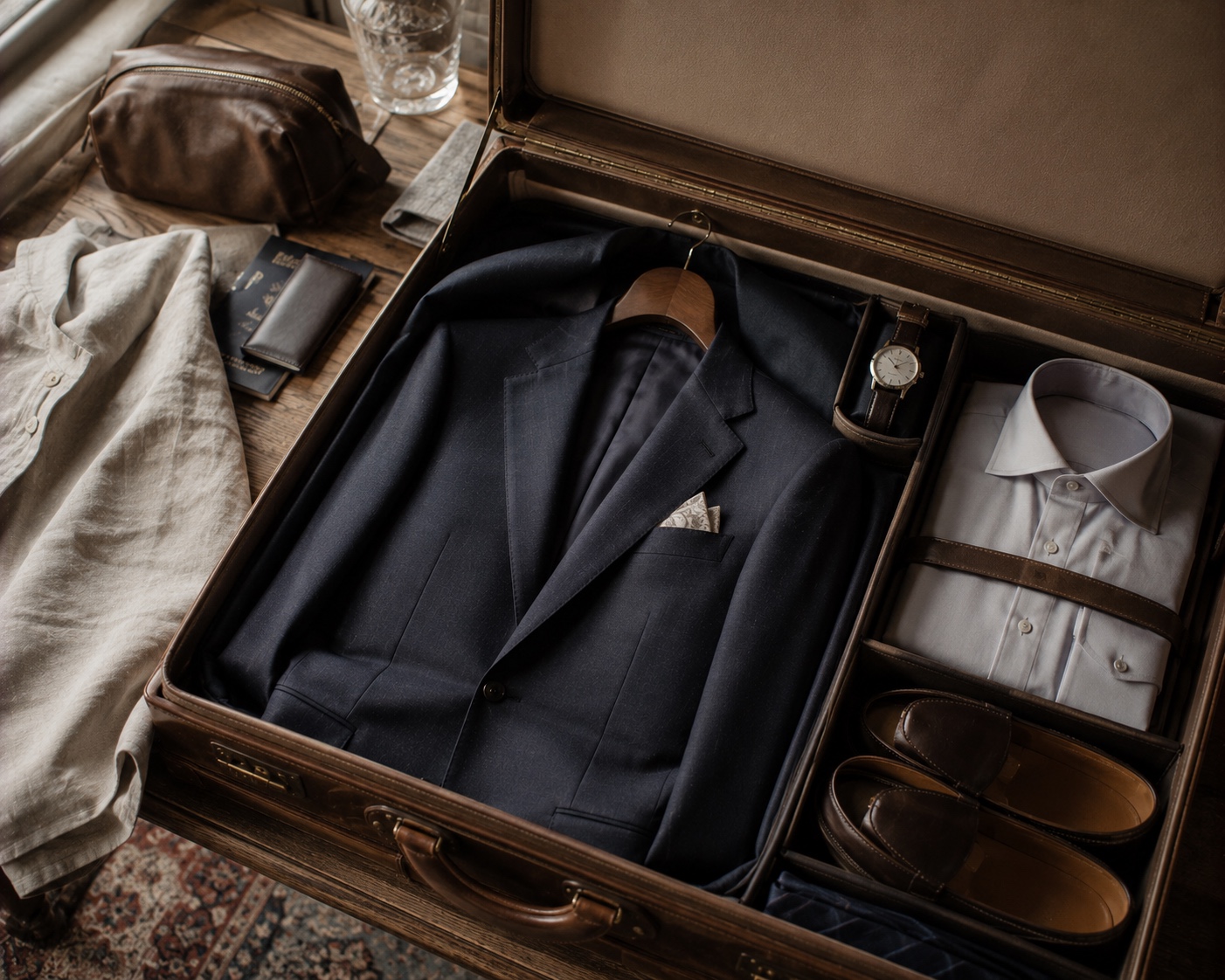 Made-to-measure suit packed for luxury travel