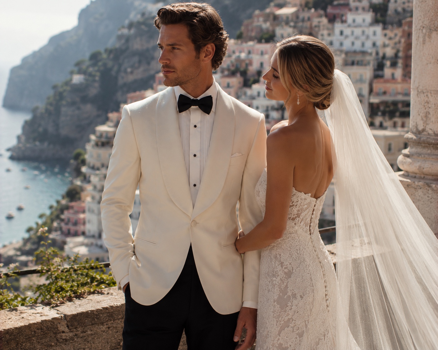 Refined groom in ivory tailoring on the Amalfi Coast