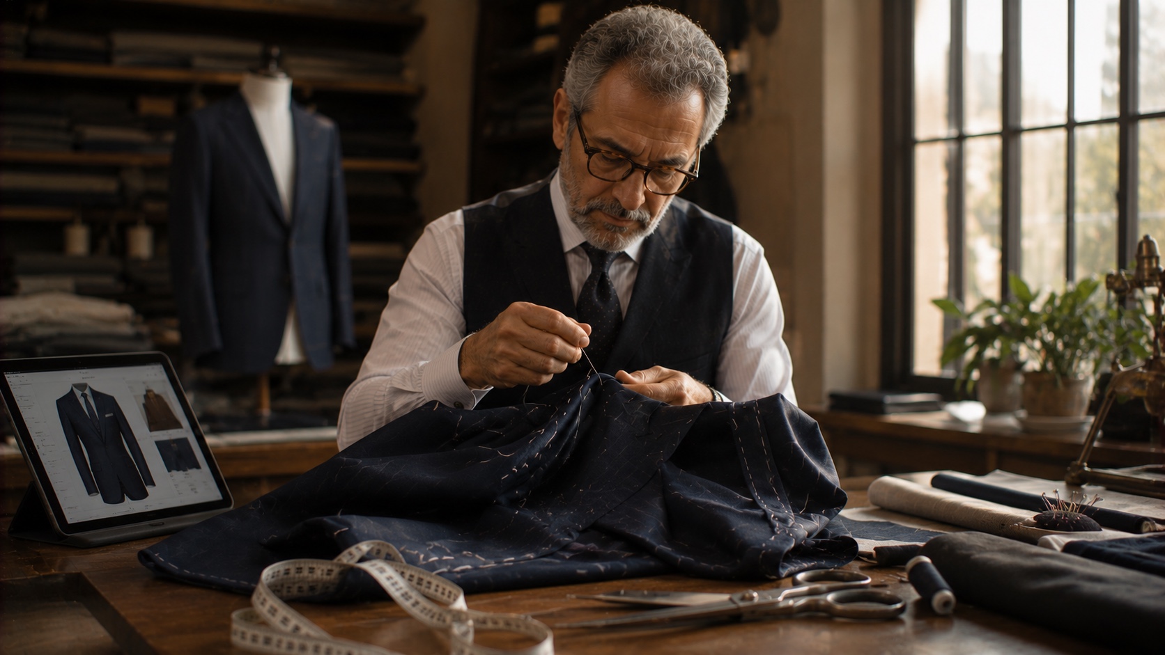 A master Italian tailor hand stitching a bespoke suit jacket in an atelier